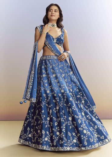 Ombre Blue Satin Bridesmaid Lehenga With Heavy Embroidery
