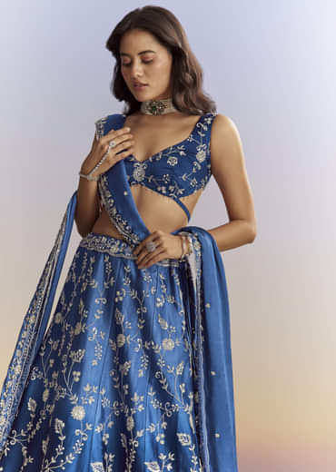 Ombre Blue Satin Bridesmaid Lehenga With Heavy Embroidery