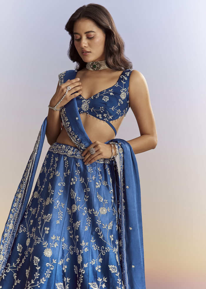 Ombre Blue Satin Bridesmaid Lehenga With Heavy Embroidery