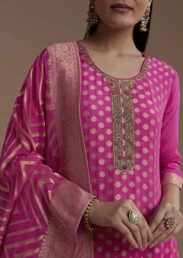 Ombre Pink Jacquard Weave Kurta Set