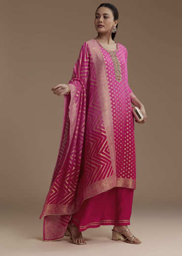 Ombre Pink Jacquard Weave Kurta Set