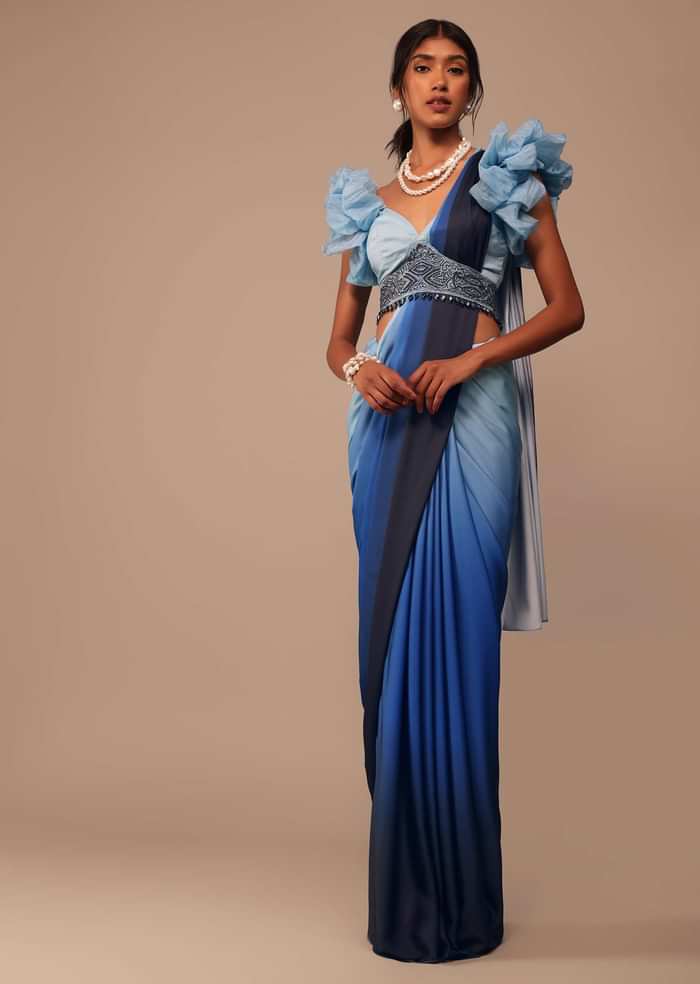 Ombre Blue Satin Saree With Fancy Organza Ruffle Blouse