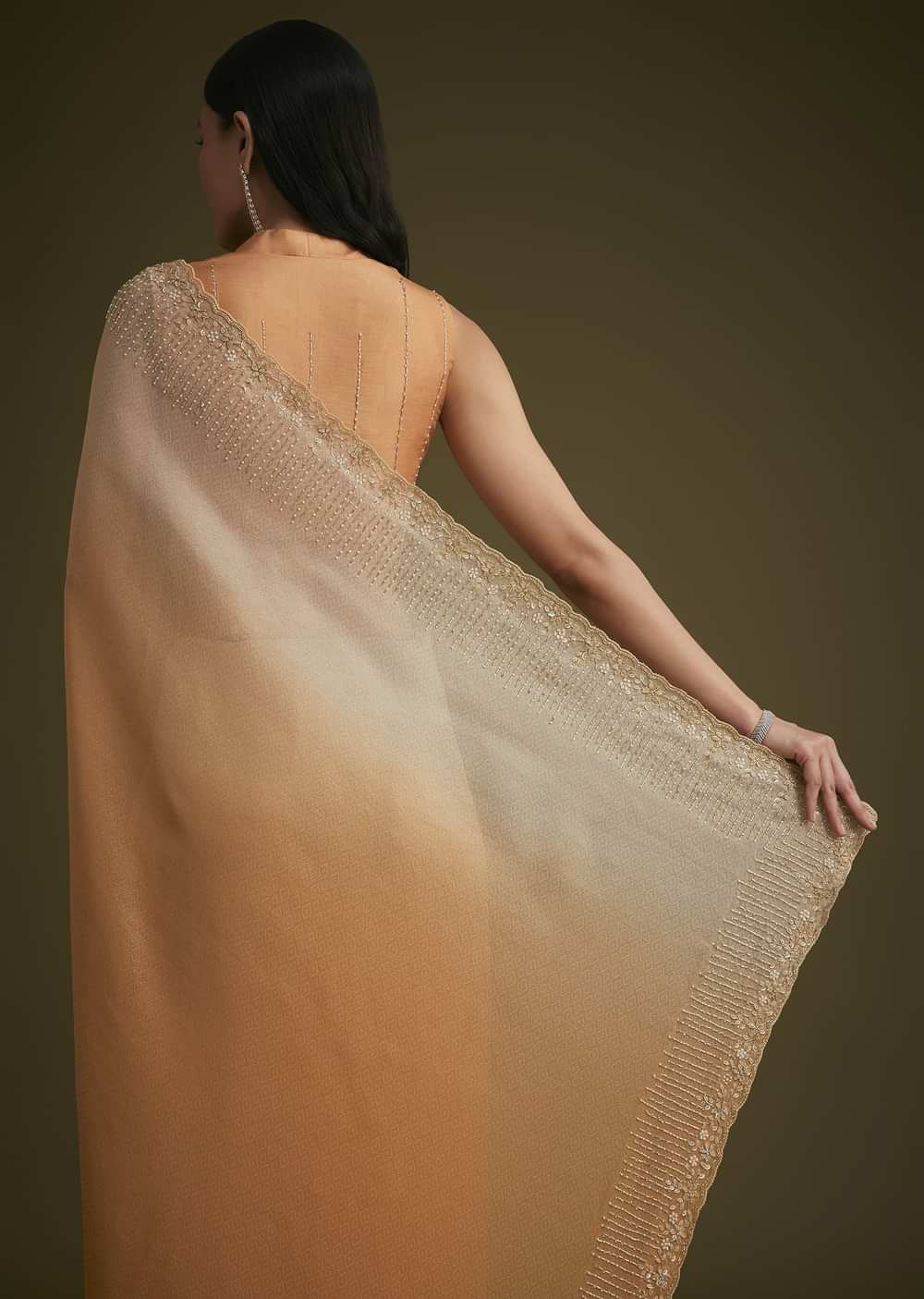 Ombre Orange Jacquard Saree With Cutdana And Stone Embroidery