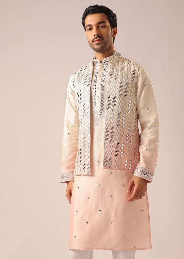 Ombre Peach Silk Bundi And Kurta Set with Mirror Work