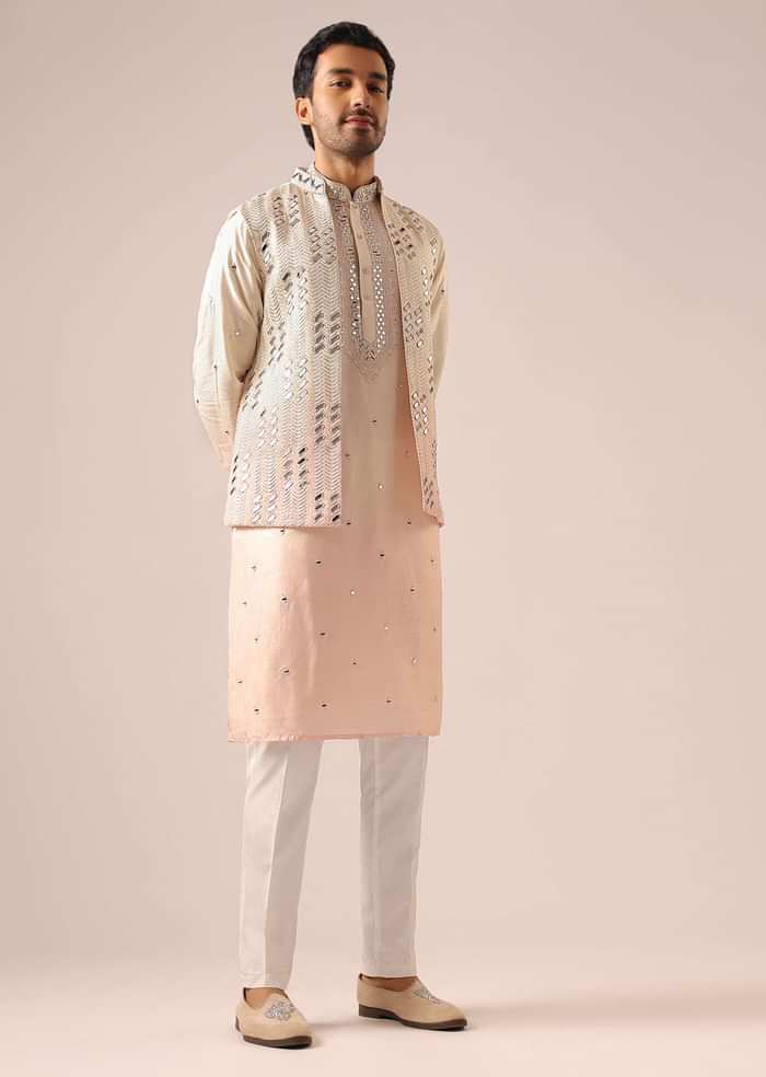 Ombre Peach Silk Bundi And Kurta Set with Mirror Work