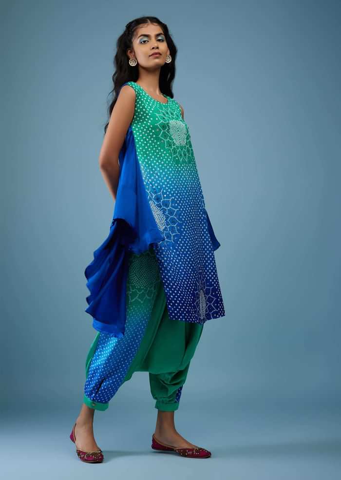 Ombre Shaded Indigo And Mint Blue Bandhani Tunic Top In Gajji Silk With Printed Silk Cowl Dhoti