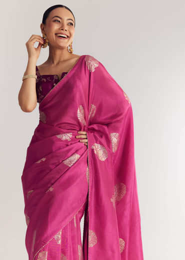Onion Pink Brocade Saree With Gotapatti Border