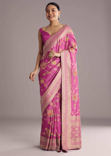 Onion Pink Dola Silk Saree With Multicolor Floral Jaal Weave