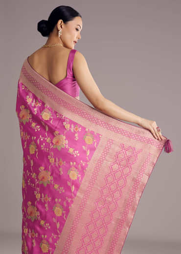 Onion Pink Dola Silk Saree With Multicolor Floral Jaal Weave