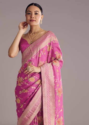 Onion Pink Dola Silk Saree With Multicolor Floral Jaal Weave