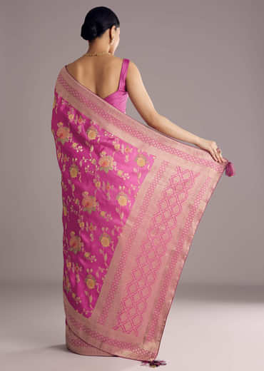 Onion Pink Dola Silk Saree With Multicolor Floral Jaal Weave