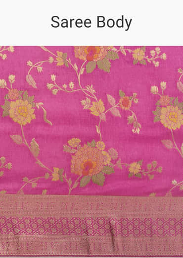 Onion Pink Dola Silk Saree With Multicolor Floral Jaal Weave