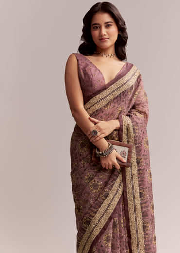 Onion Pink Linen Printed Saree With Traditional Ajrakh Print