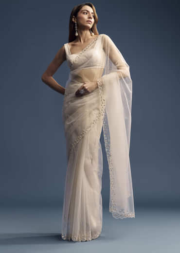 Off White Net Saree With Sequins Embroidery