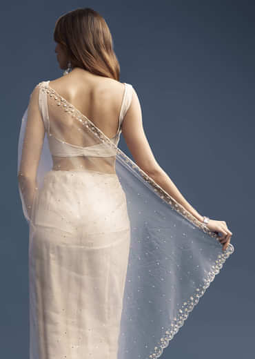 Off White Net Saree With Sequins Embroidery