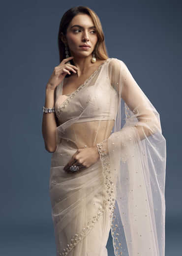 Off White Net Saree With Sequins Embroidery