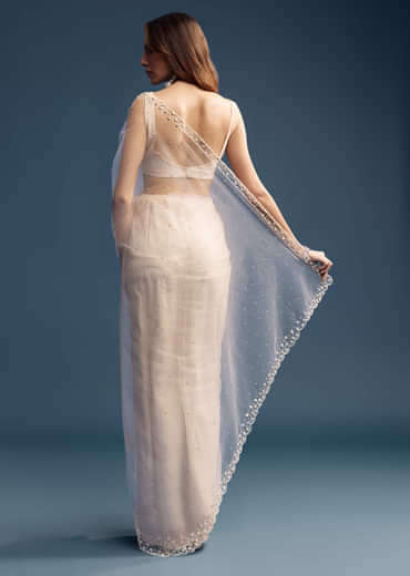 Off White Net Saree With Sequins Embroidery