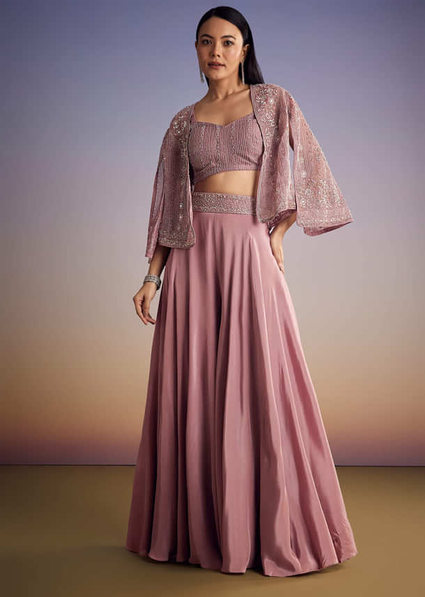 Onion Pink Organza Jacket Set With Cutdana And Beads Work