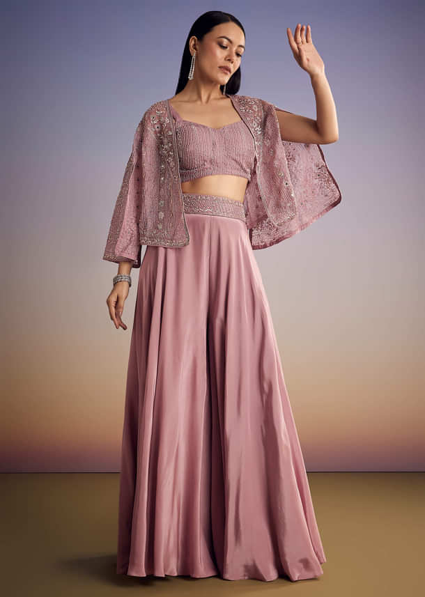 Onion Pink Organza Jacket Set With Cutdana And Beads Work