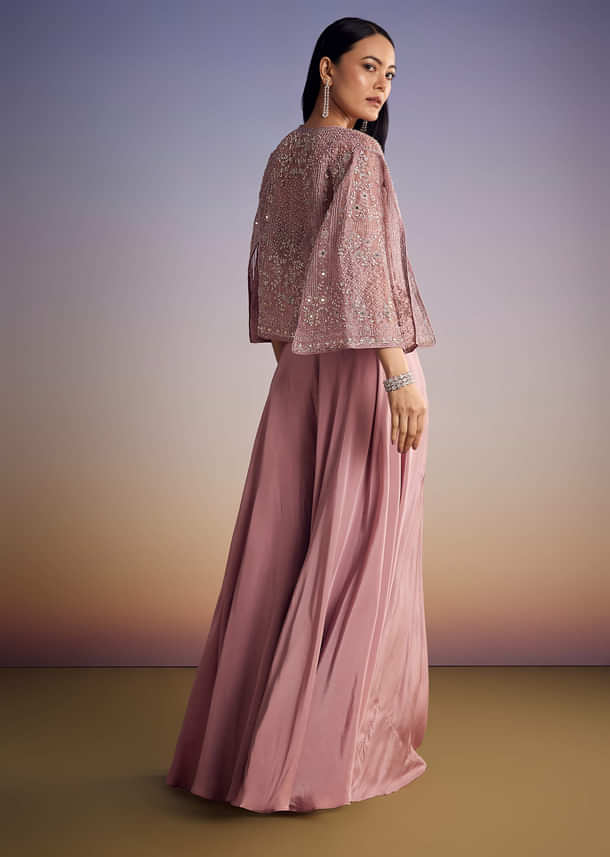 Onion Pink Organza Jacket Set With Cutdana And Beads Work