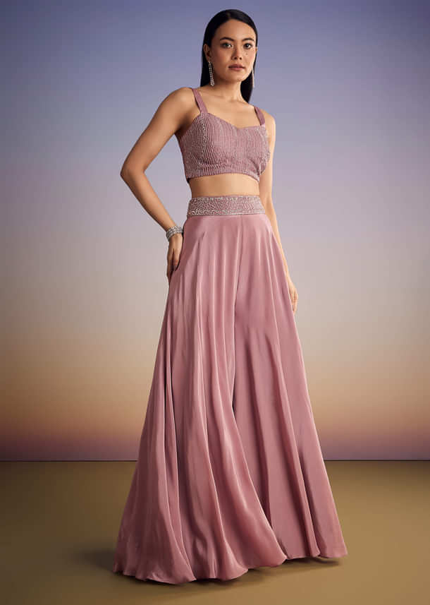 Onion Pink Organza Jacket Set With Cutdana And Beads Work