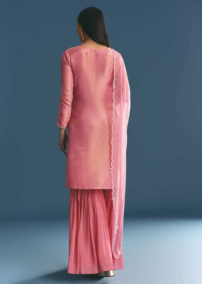 Pink Tissue Kurta Sharara Suit With Moti Cut Dana Work