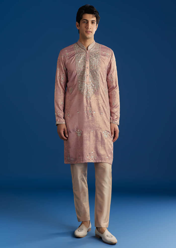 Onion Pink Tissue Kurta Set With Embroidered Yoke