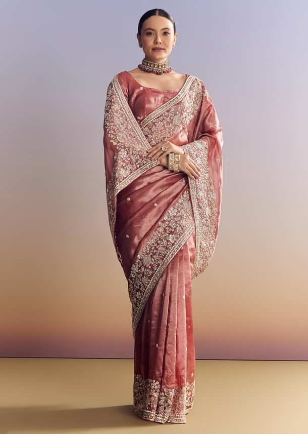 Onion Pink Tissue Saree With Detailed Floral Embroidered Border