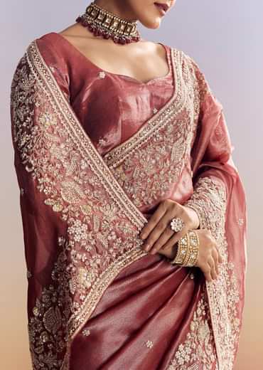 Onion Pink Tissue Saree With Detailed Floral Embroidered Border