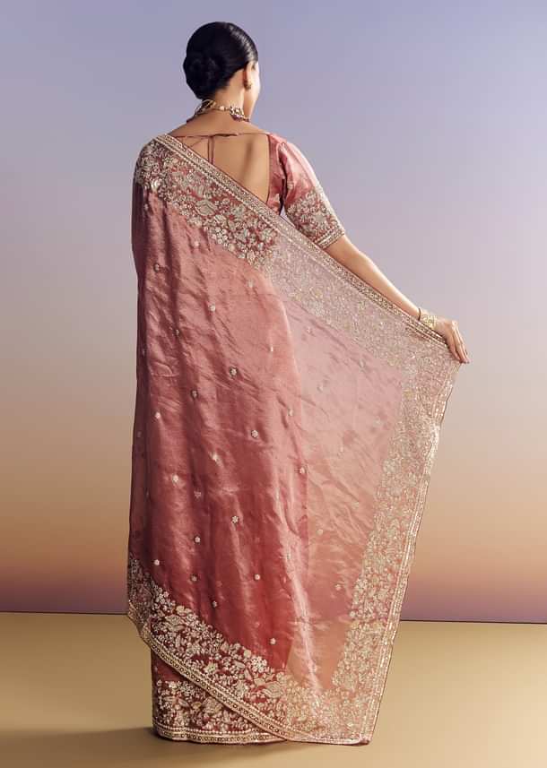 Onion Pink Tissue Saree With Detailed Floral Embroidered Border