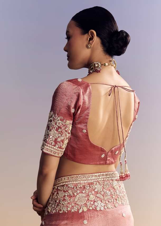 Onion Pink Tissue Saree With Detailed Floral Embroidered Border