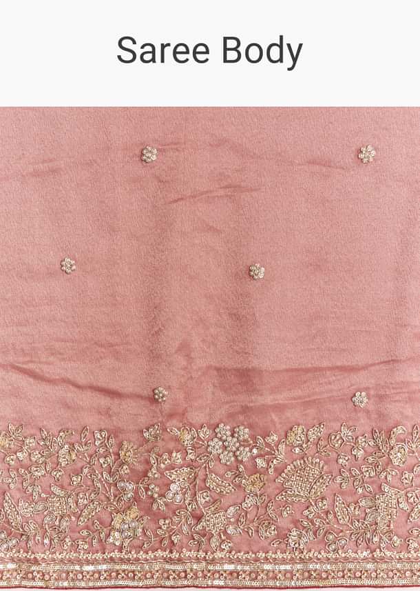 Onion Pink Tissue Saree With Detailed Floral Embroidered Border