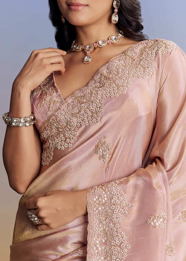 Onion Pink Tissue Saree With Gota Patti Moti And Cutdana Scallop Border