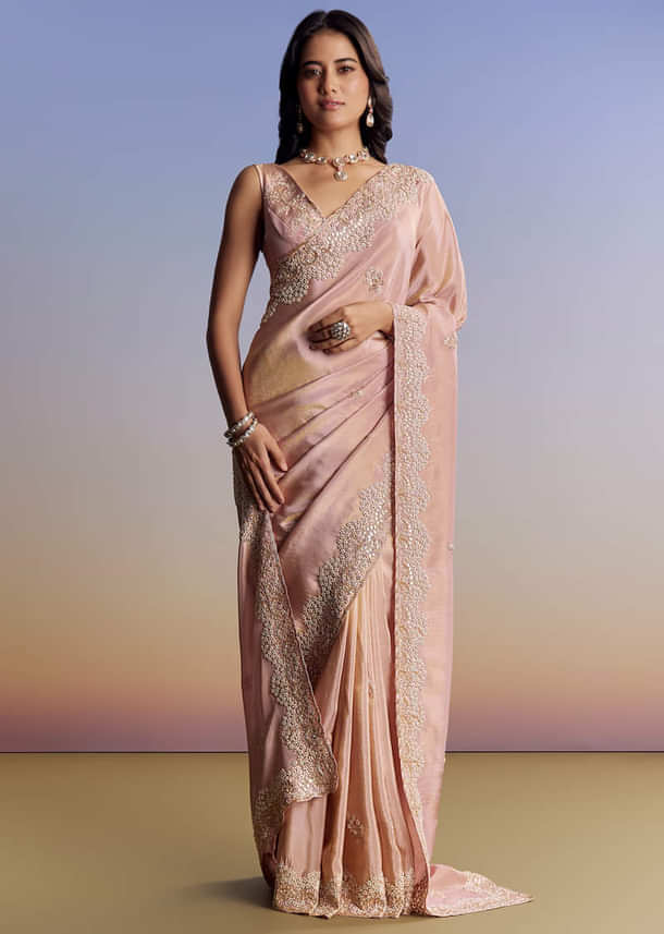 Onion Pink Tissue Saree With Gota Patti Moti And Cutdana Scallop Border