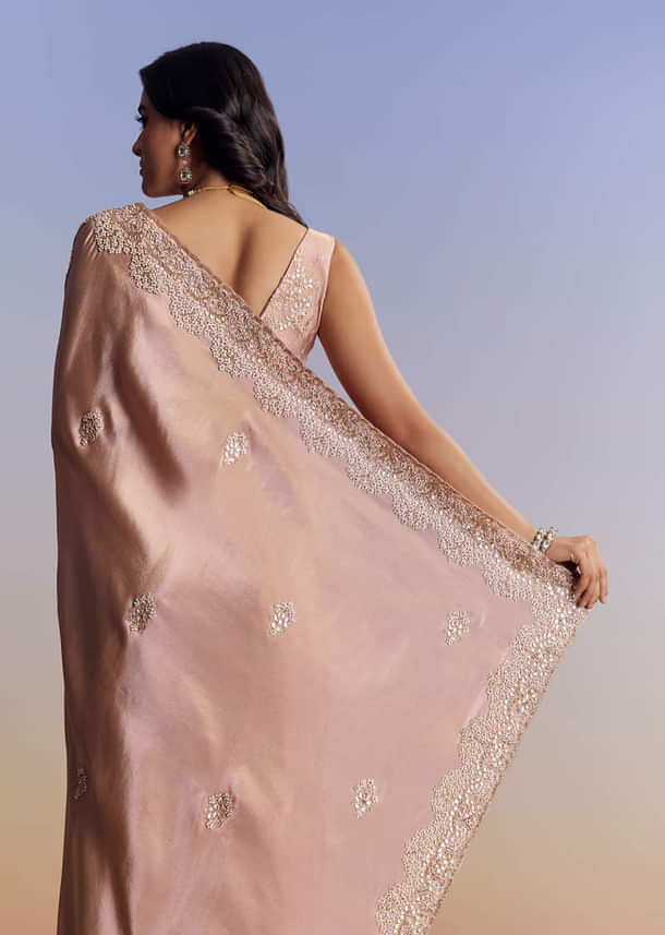 Onion Pink Tissue Saree With Gota Patti Moti And Cutdana Scallop Border