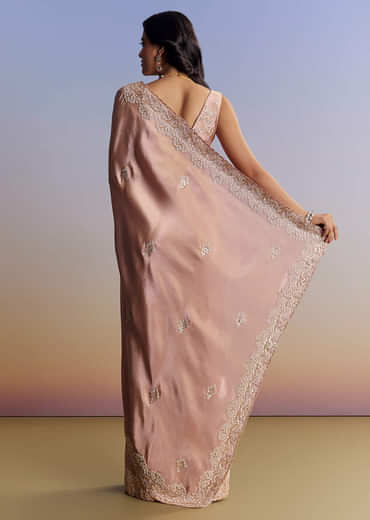 Onion Pink Tissue Saree With Gota Patti Moti And Cutdana Scallop Border