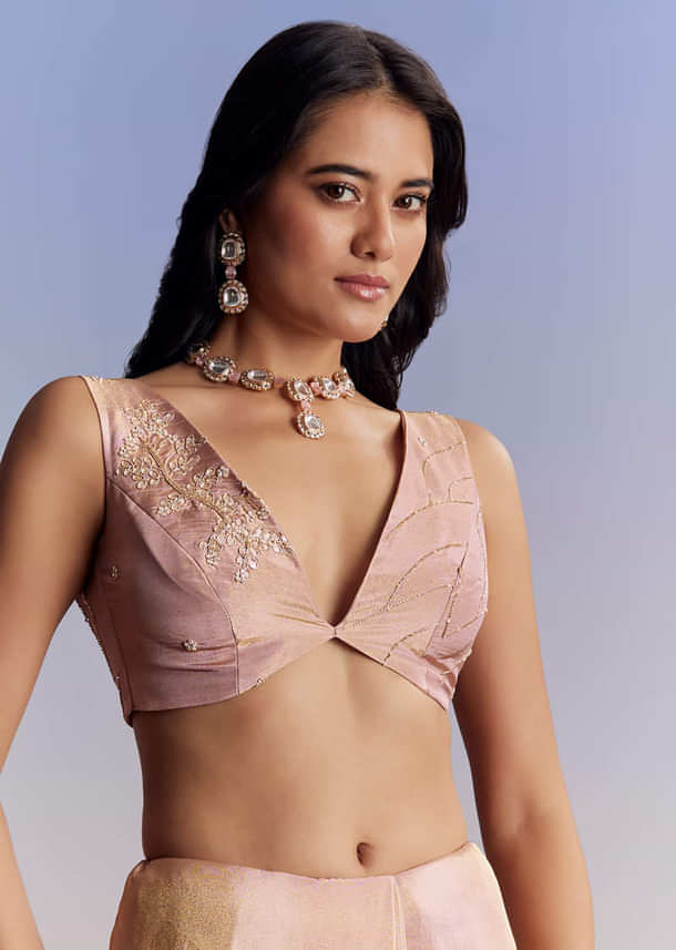 Onion Pink Tissue Saree With Gota Patti Moti And Cutdana Scallop Border