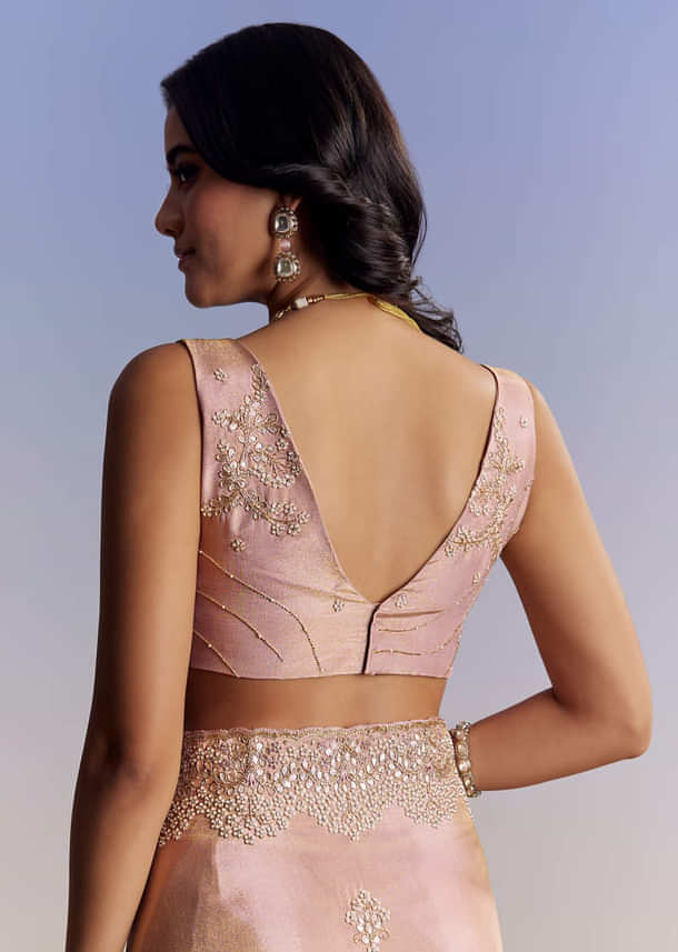 Onion Pink Tissue Saree With Gota Patti Moti And Cutdana Scallop Border