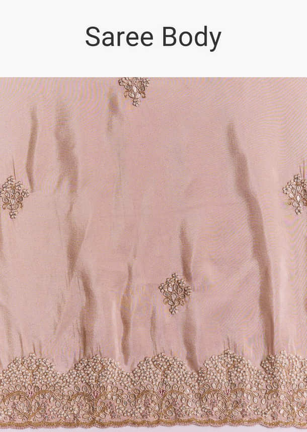 Onion Pink Tissue Saree With Gota Patti Moti And Cutdana Scallop Border