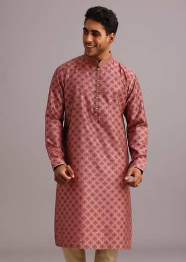 Onion Pink Chanderi Jacquard Printed Kurta Set