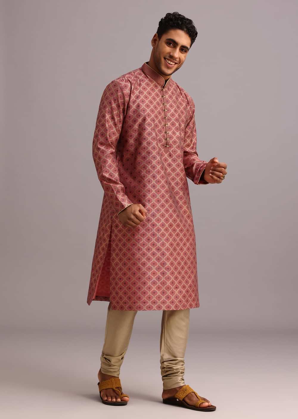 Onion Pink Chanderi Jacquard Printed Kurta Set