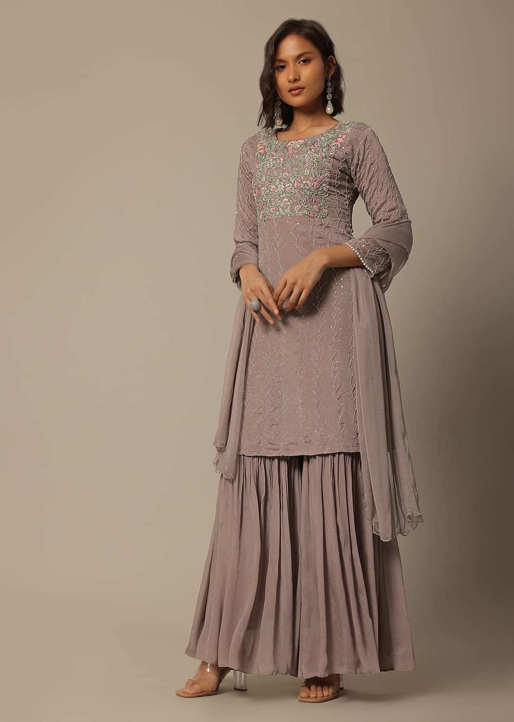 Onion Pink Chiffon Sharara Set With Sequin Embroidery