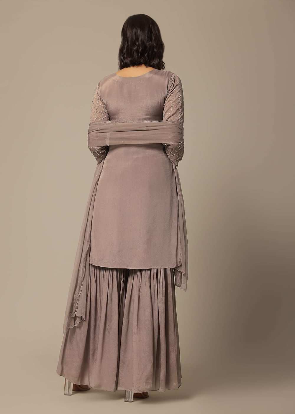 Onion Pink Chiffon Sharara Set With Sequin Embroidery