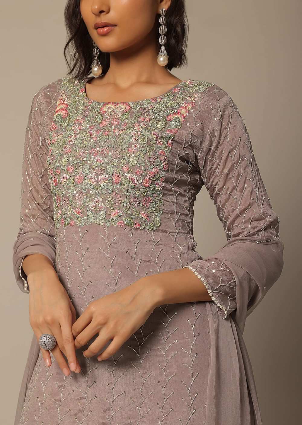 Onion Pink Chiffon Sharara Set With Sequin Embroidery