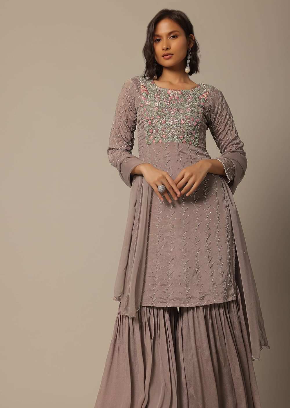 Onion Pink Chiffon Sharara Set With Sequin Embroidery