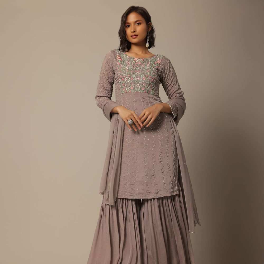 Onion Pink Chiffon Sharara Set With Sequin Embroidery