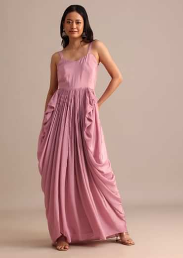 Onion Pink Crepe Pleated Gown With Embroidered Jacket