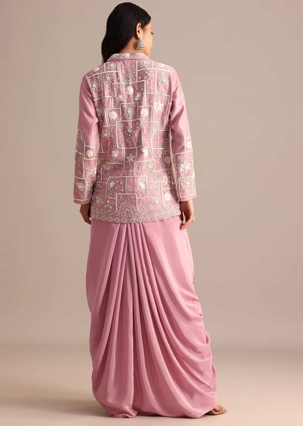 Onion Pink Crepe Pleated Gown With Embroidered Jacket