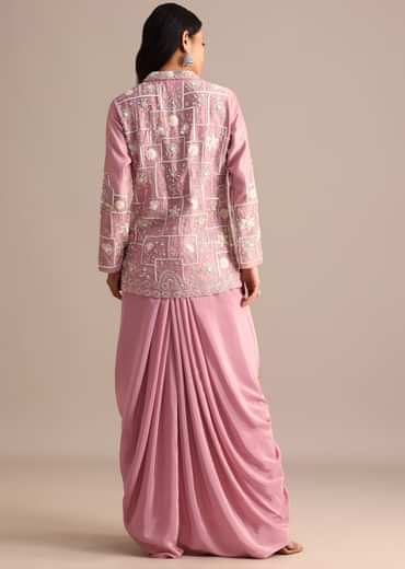 Onion Pink Crepe Pleated Gown With Embroidered Jacket