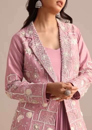 Onion Pink Crepe Pleated Gown With Embroidered Jacket